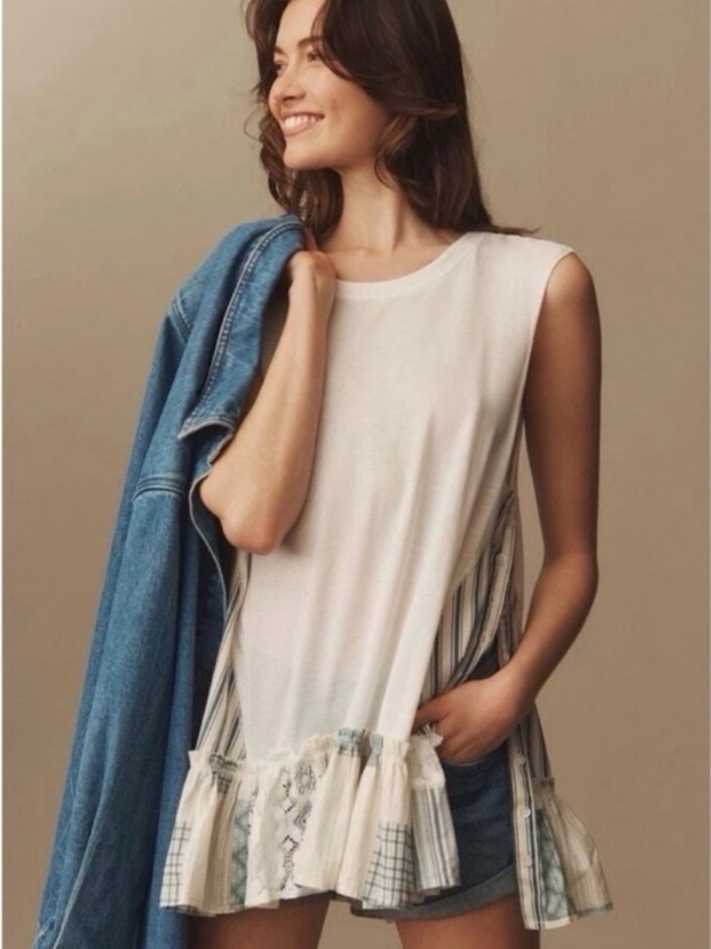 Pilcro White Tank Top with Blue Patchwork Ruffle Hem